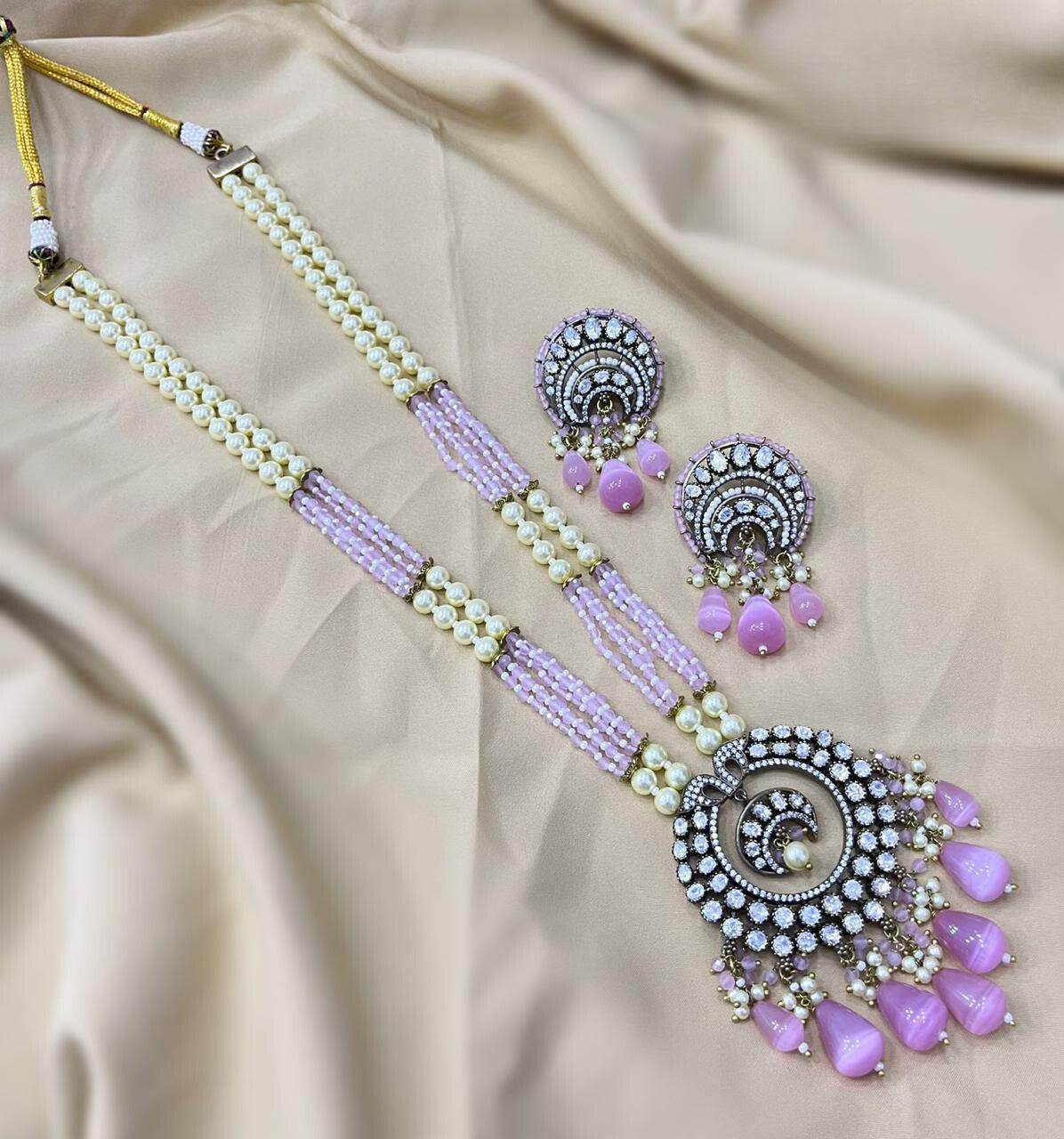 Victorian Polish AD Stones Pendent with Beads Haram - Nakshatra Jewels