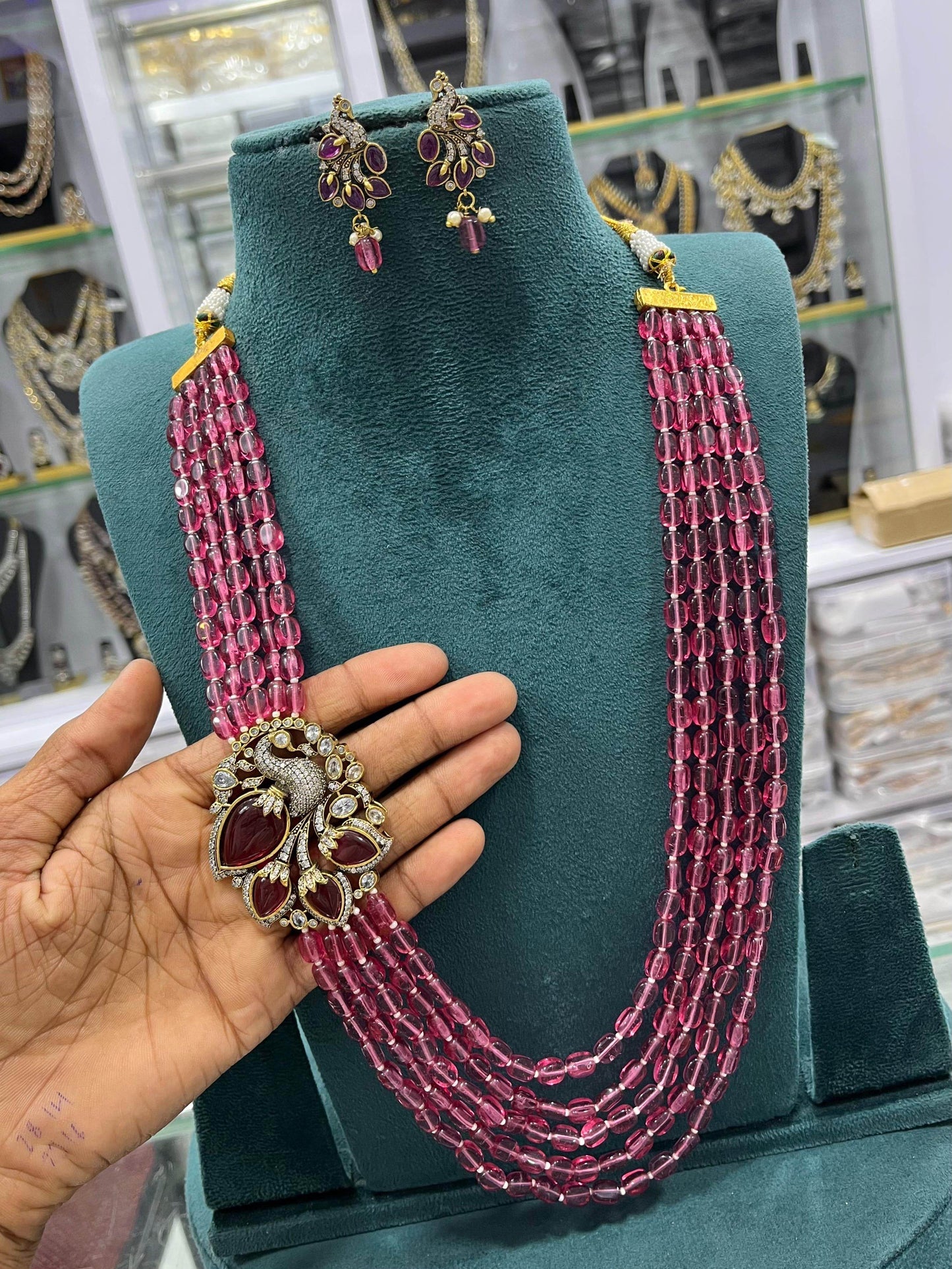 Victorian Polish AD Stones Side Pendent with Beads Haram - Nakshatra Jewels