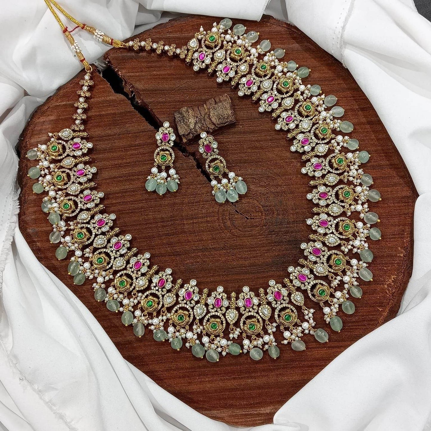 Victorian Polish with Jadau Kundan & AD Stones Bridal Haram - Nakshatra Jewels