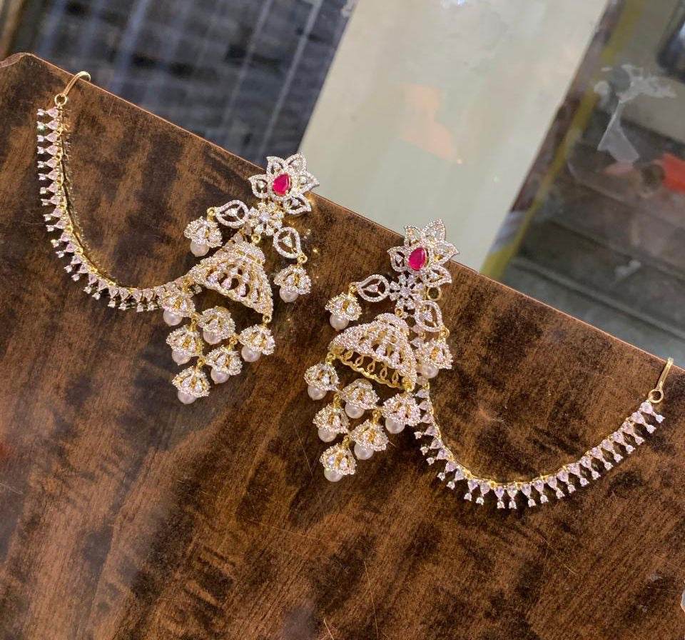 AD Stones Bridal Earrings with Ear chains - Nakshatra Jewels