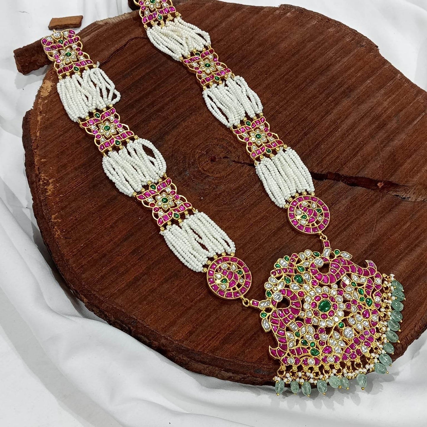 Jaadu Kundan Stones Bridal Pendent with Beads Haram - Nakshatra Jewels