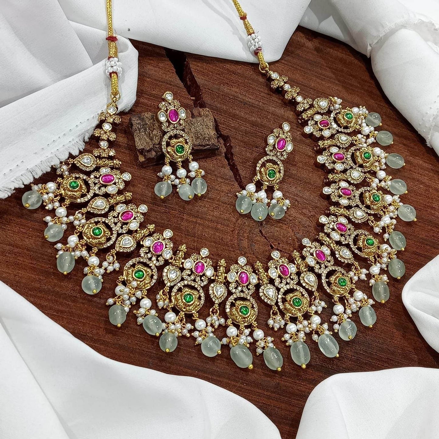 Victorian Polish with Jadau Kundan & AD Stones Bridal Necklace - Nakshatra Jewels
