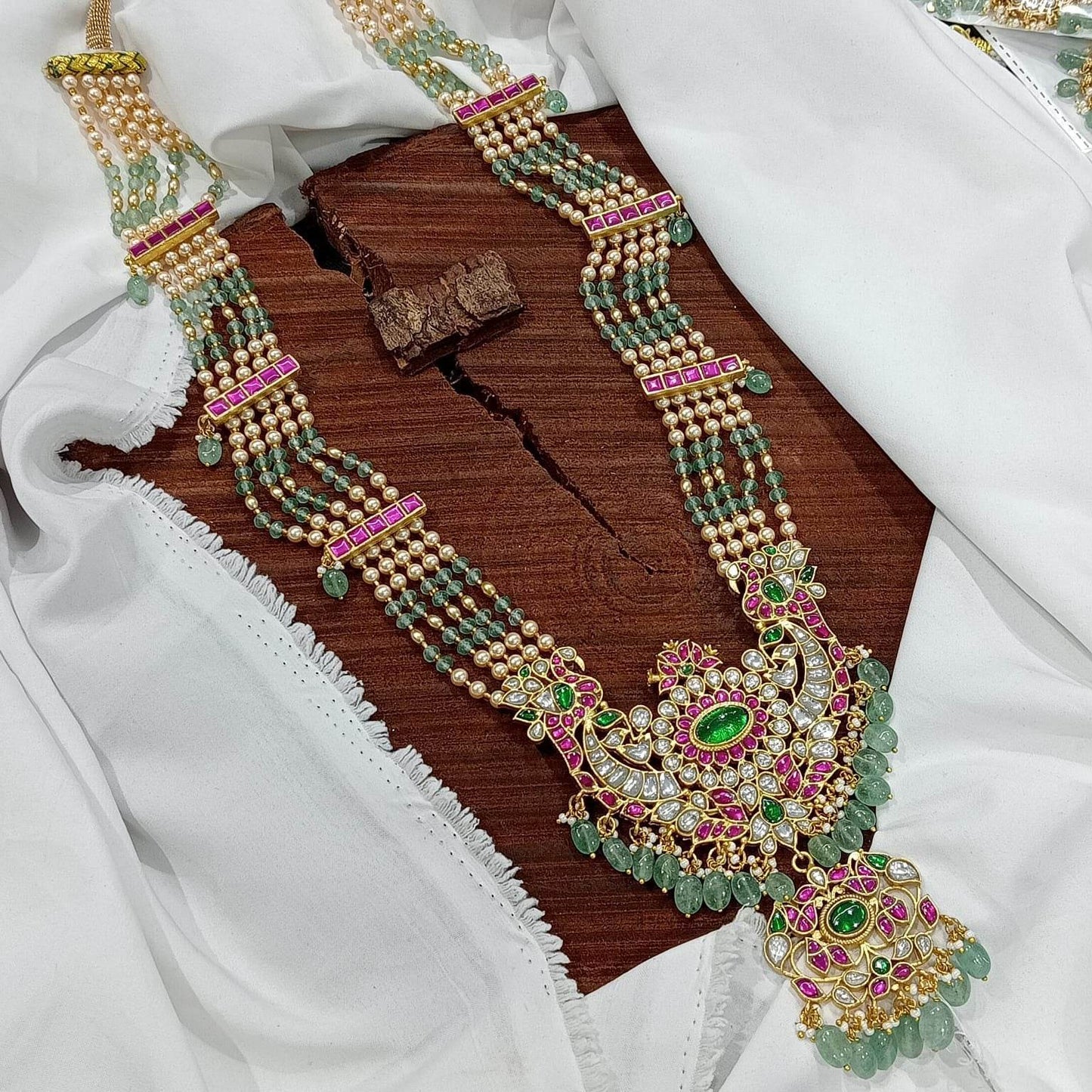 Jaadu Kundan Stones Bridal Pendent with Beads Haram - Nakshatra Jewels