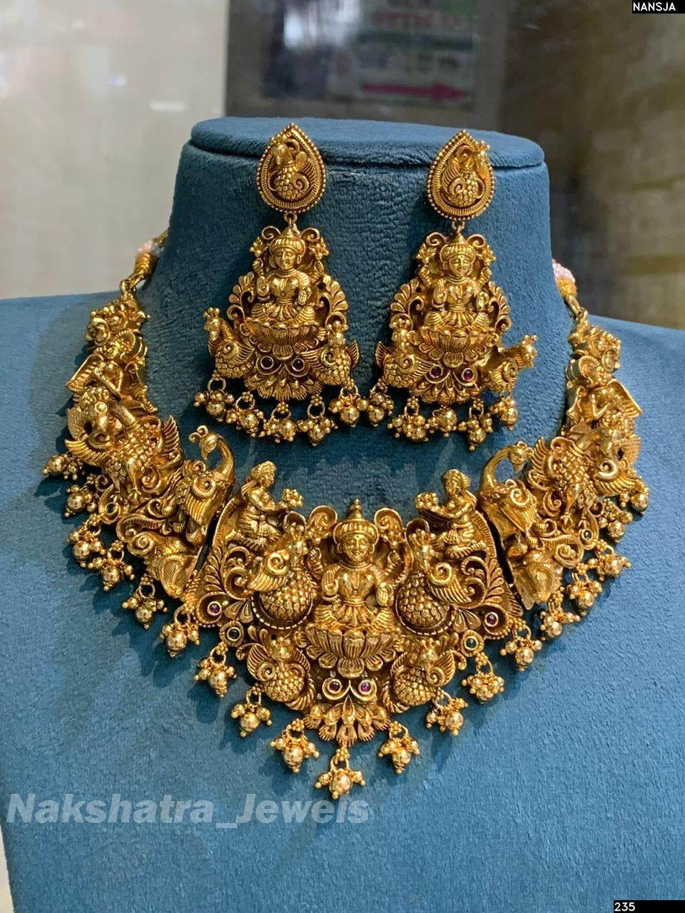 Nakshi Work with Kempu Stones Bridal Necklace 3D Embosed Nakshatra Jewels