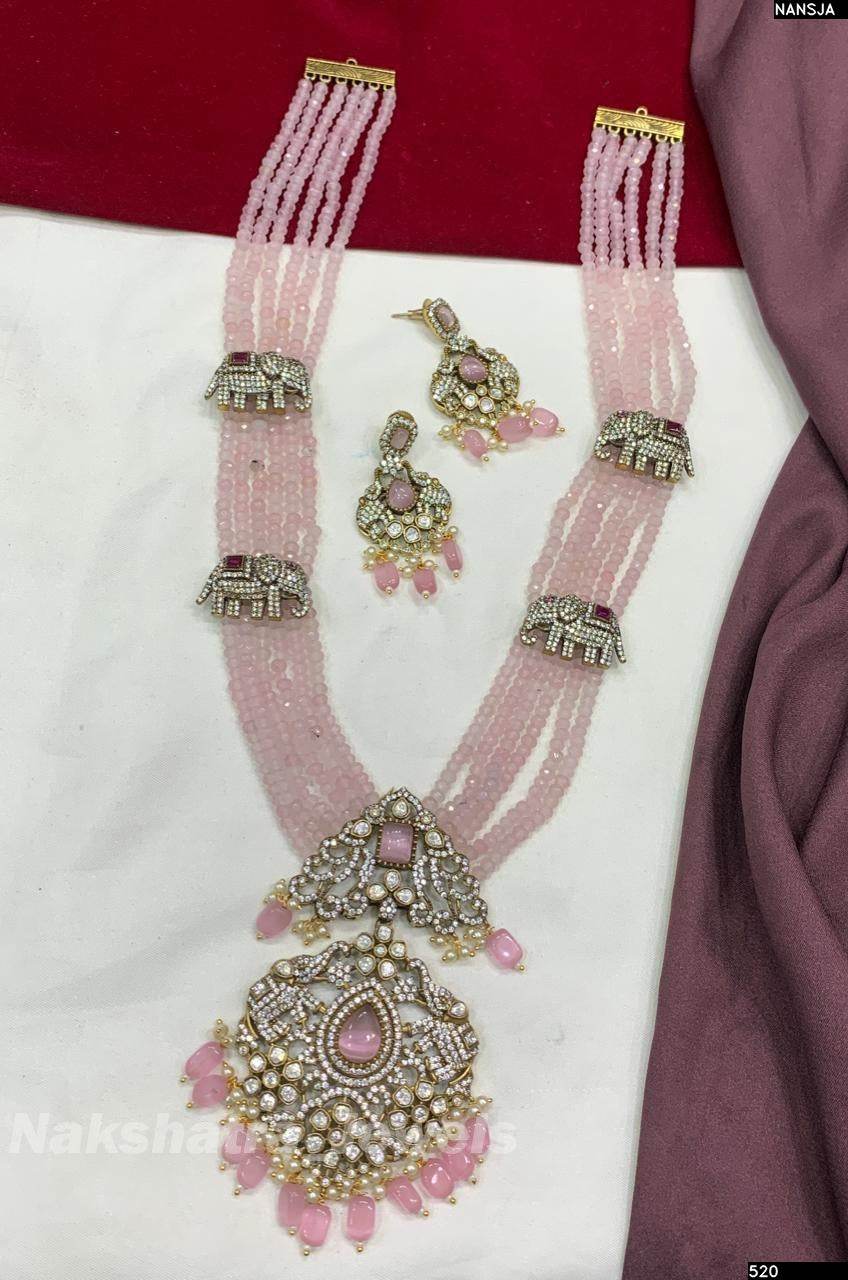 Victorian Polish AD Stones Pendent with Bridal Beads Haram - Nakshatra Jewels