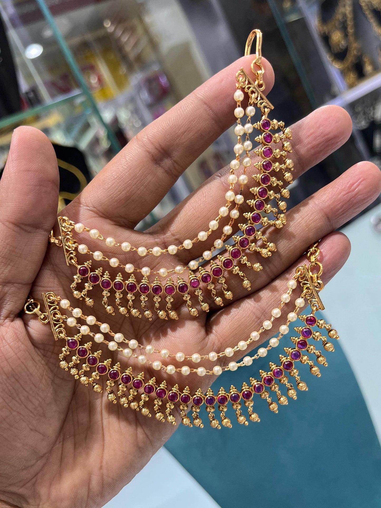 Premium Matt with Kempu Stones Ear Chains - Nakshatra Jewels