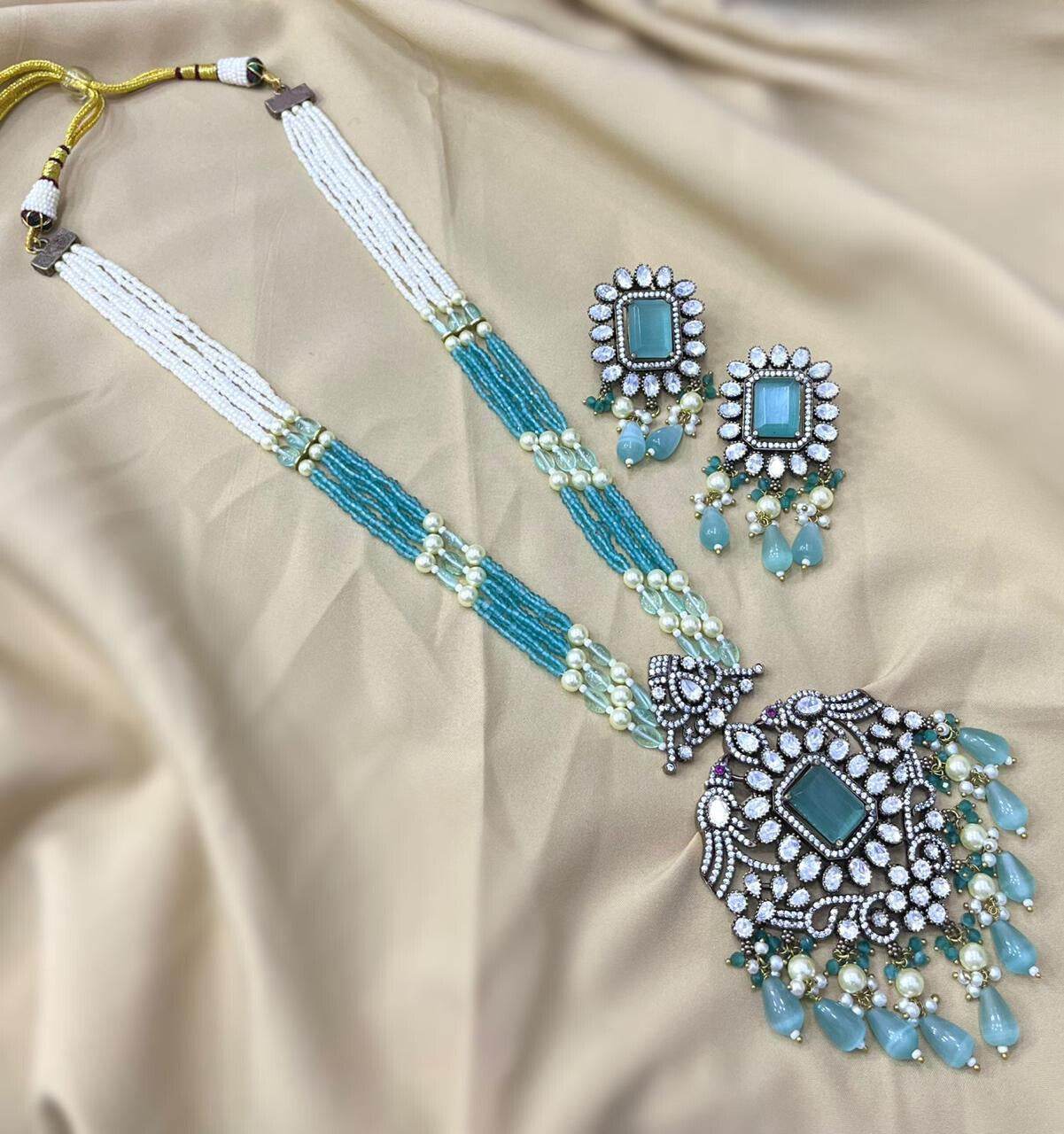 Victorian Polish AD Stones Pendent with Beads Haram - Nakshatra Jewels