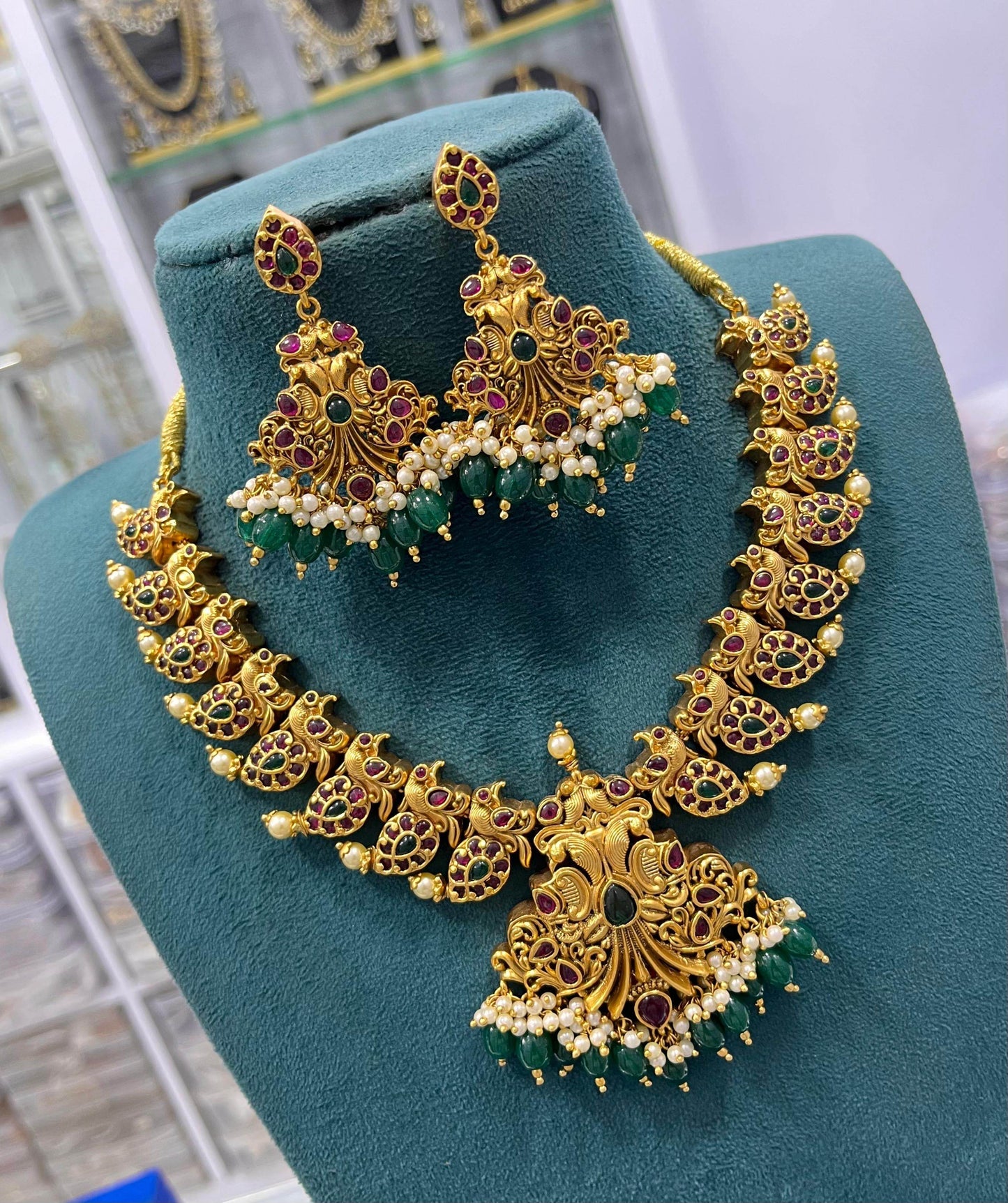 Nakshi Work with Kempu Stones Bridal Necklace - Nakshatra Jewels