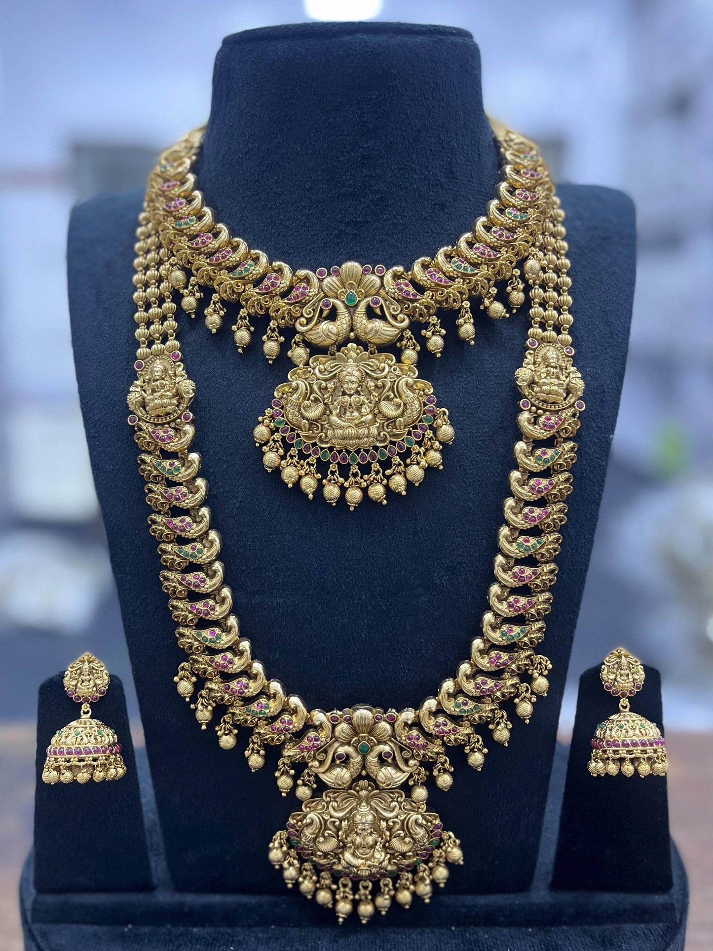 Nakshi Work with Kempu Stones Bridal Combo Set - Nakshatra Jewels