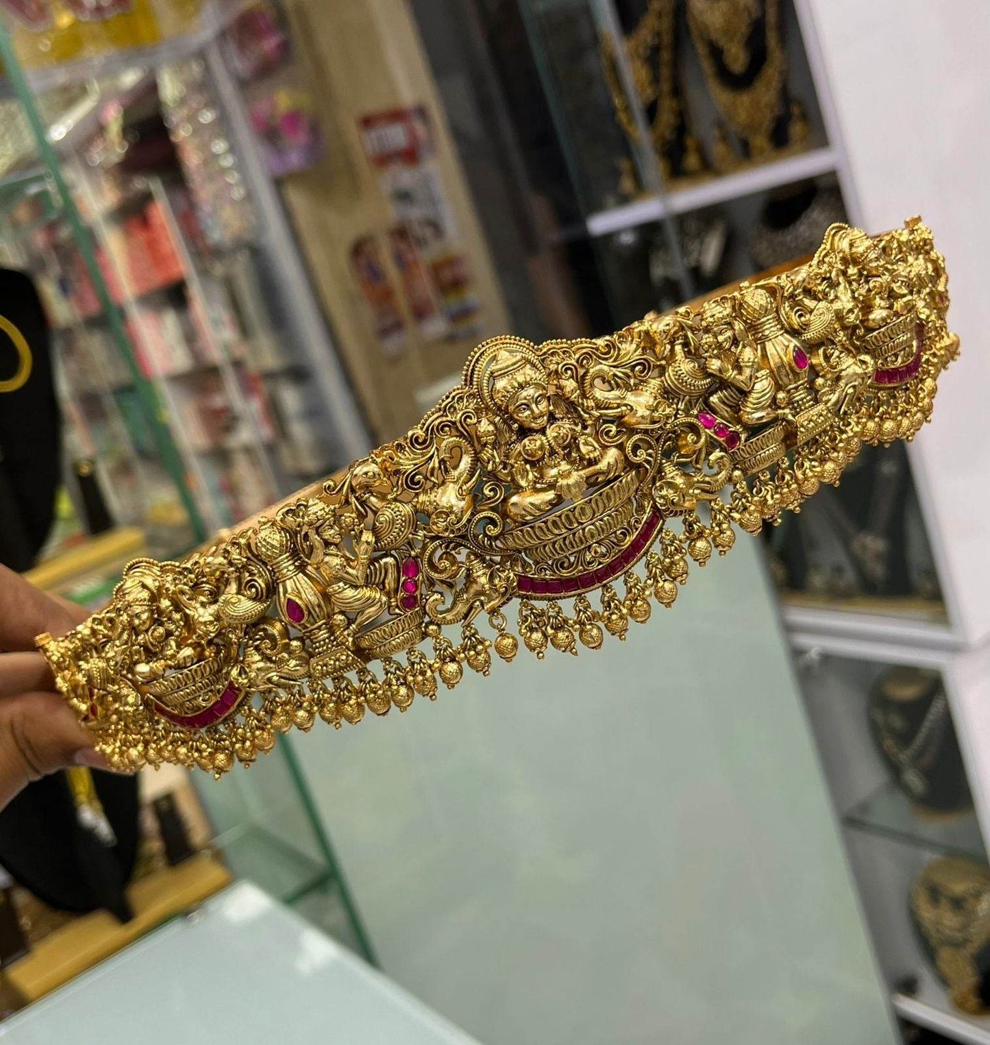 Nagasi Work with Kempu Stones Bridal Hip Belt - Nakshatra Jewels