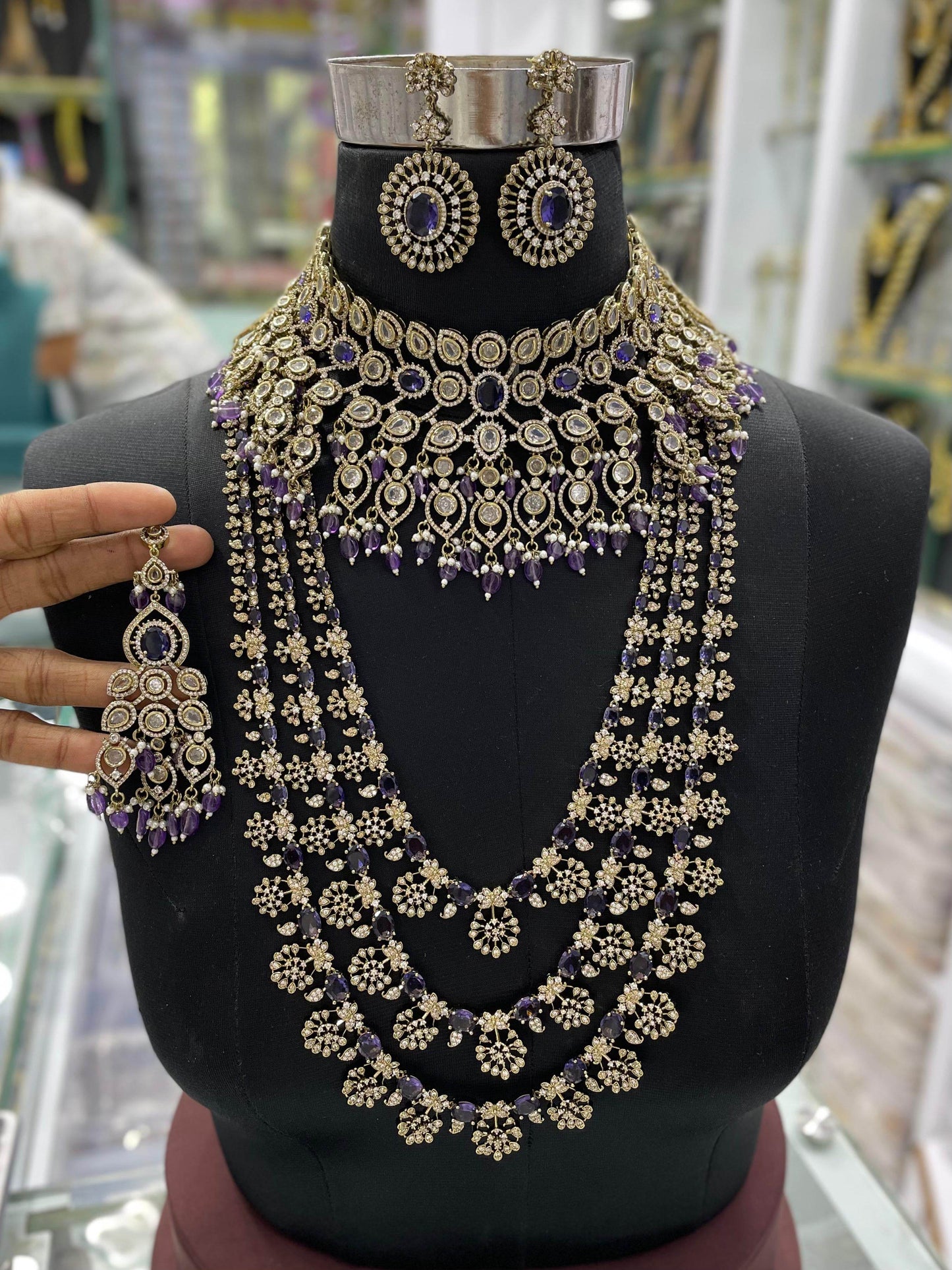 Victorian Polish with Moissanite Stones Bridal Combo set - Nakshatra Jewels