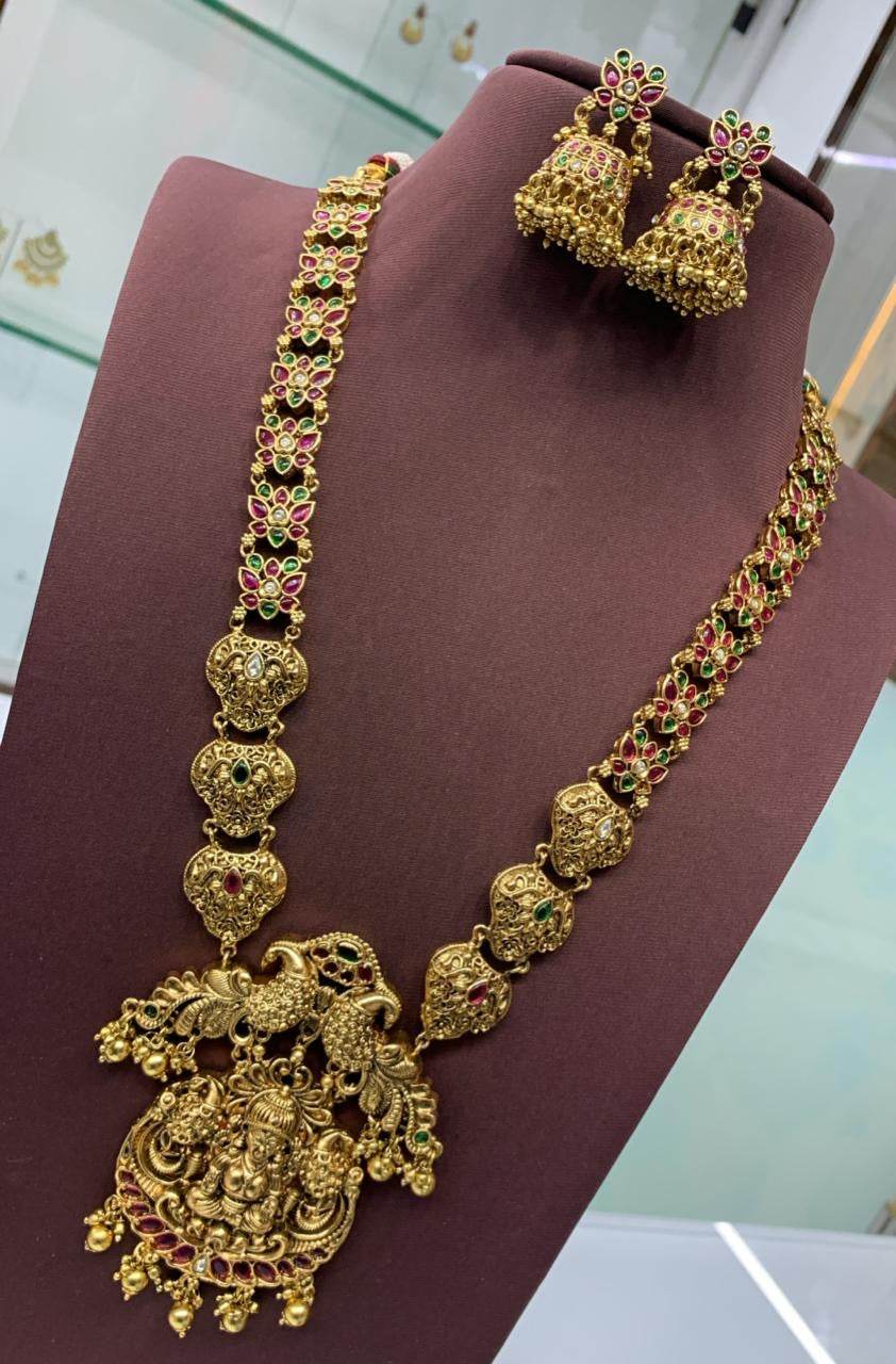 Nakshi Work with Kempu Stones Bridal Haram - Nakshatra Jewels