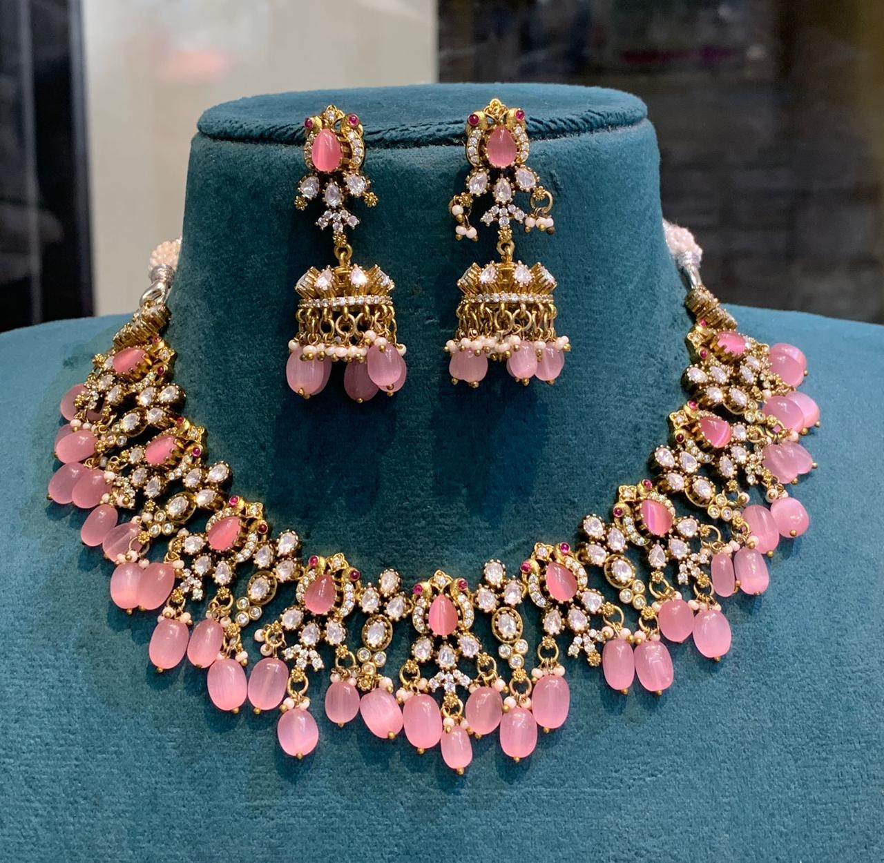 Victorian Polish with Moissanite Stones Neck Set - Nakshatra Jewels