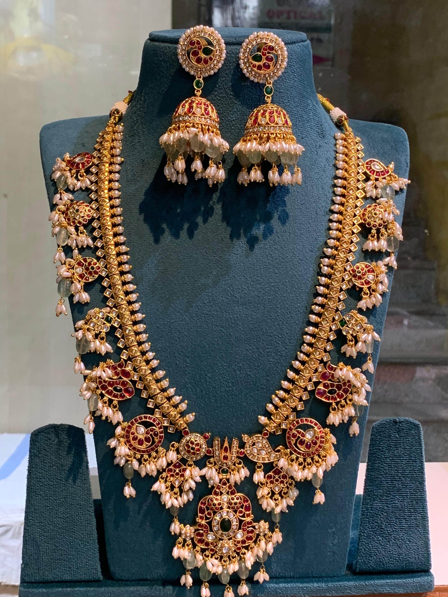 Nakshi Work with kempu Stones and Guttapusal Bridal Haram - Nakshatra Jewels