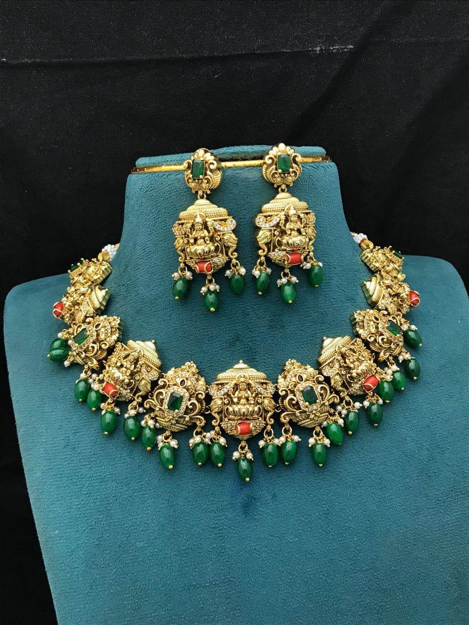 Nakshi Work with AD & Coral Beads Necklace - Nakshatra Jewels
