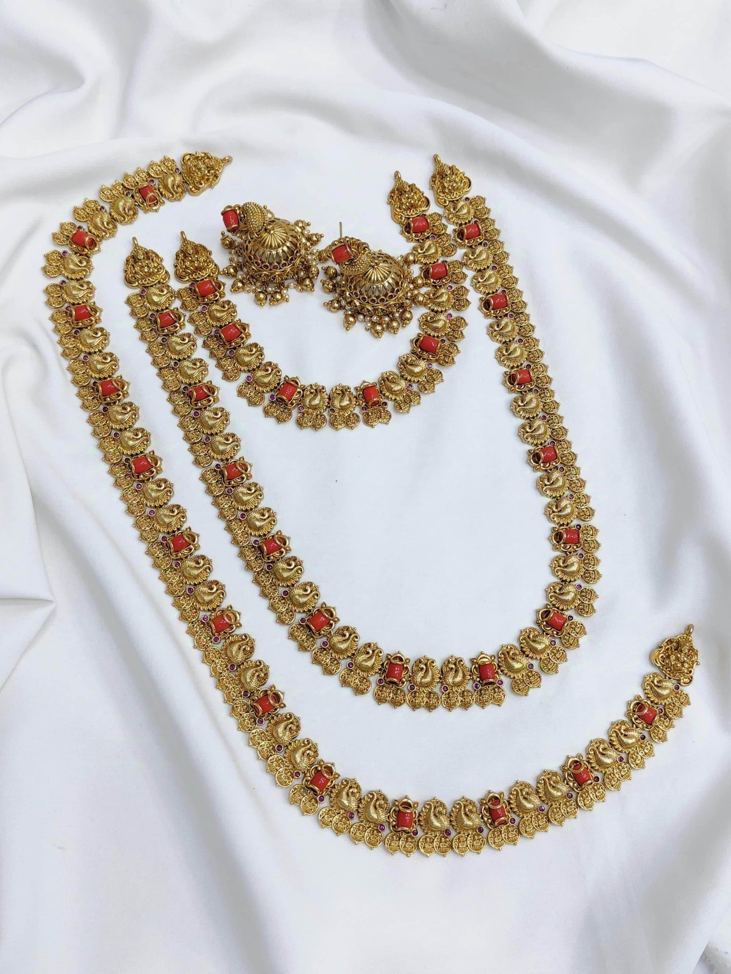 Nakshi Work with AD & Coral Stones Combo Set - Nakshatra Jewels