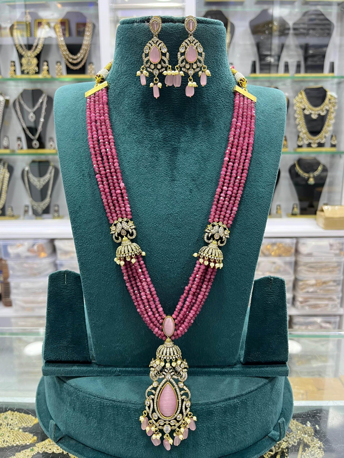 Victorian Polish AD Stones Pendent with Beads Haram - Nakshatra Jewels