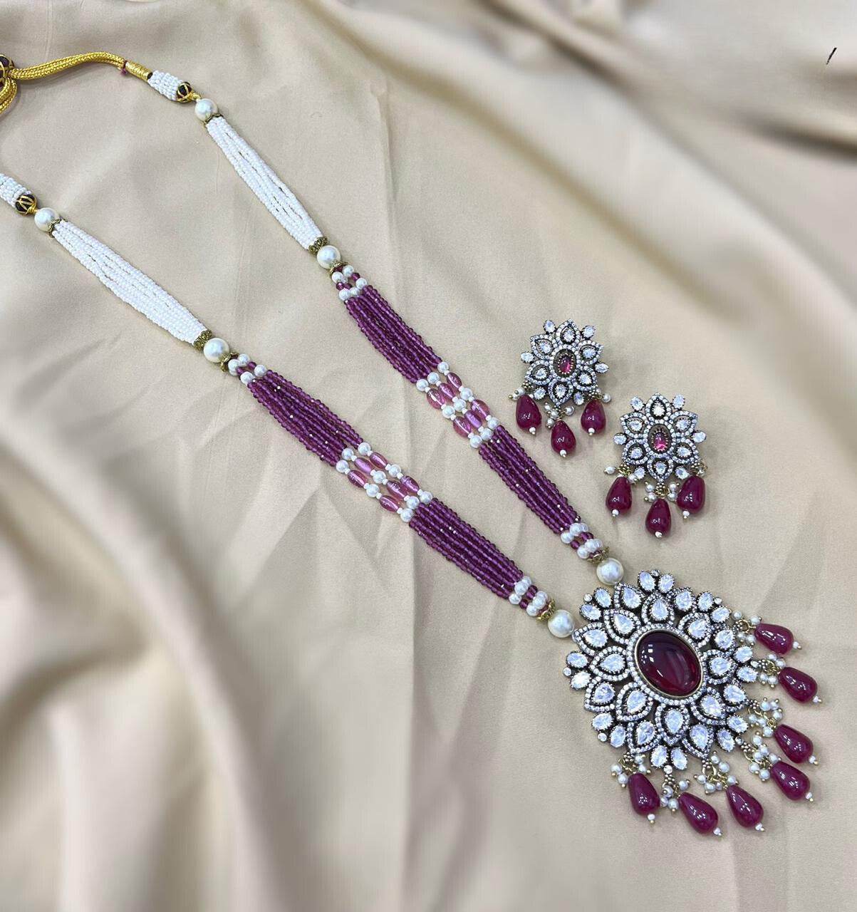 Victorian Polish AD Stones Pendent with Beads Haram - Nakshatra Jewels