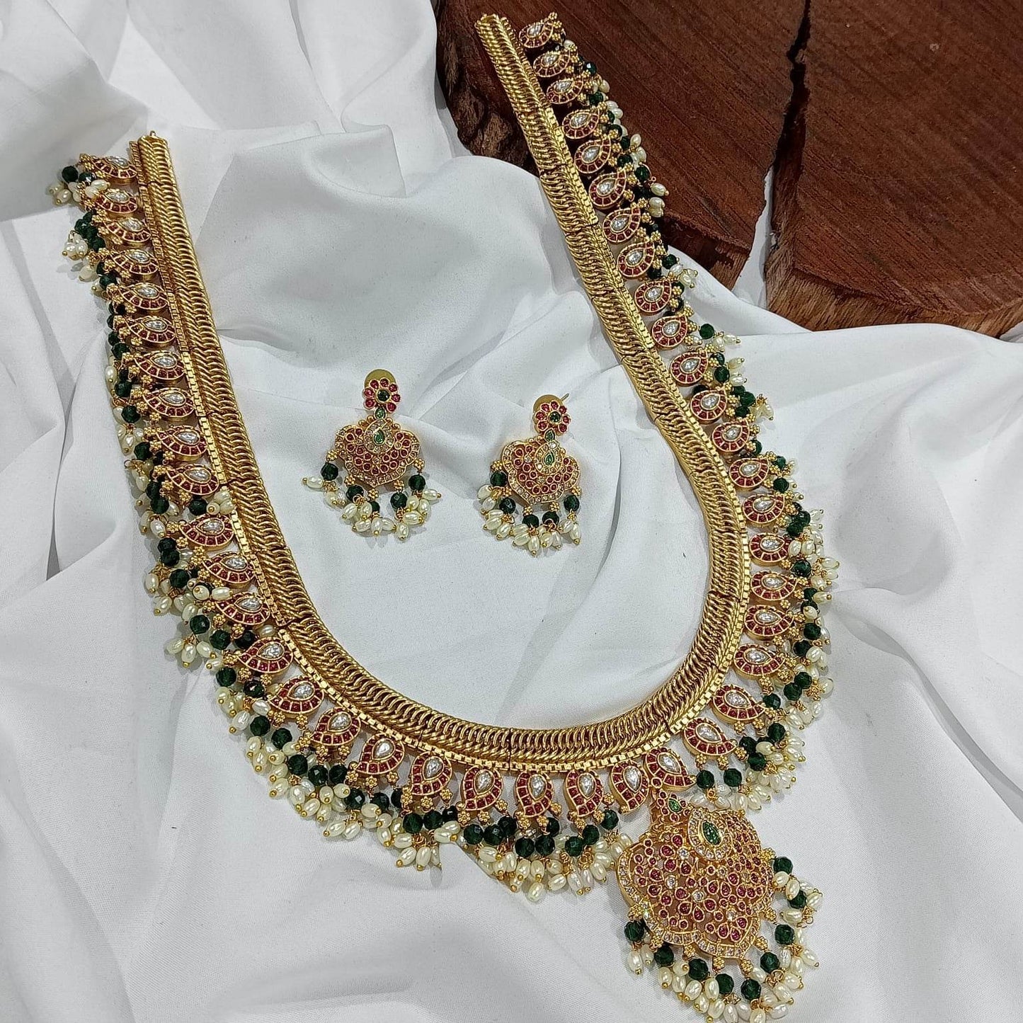 Nakshi Work with Kempu Stones Bridal Haram - Nakshatra Jewels