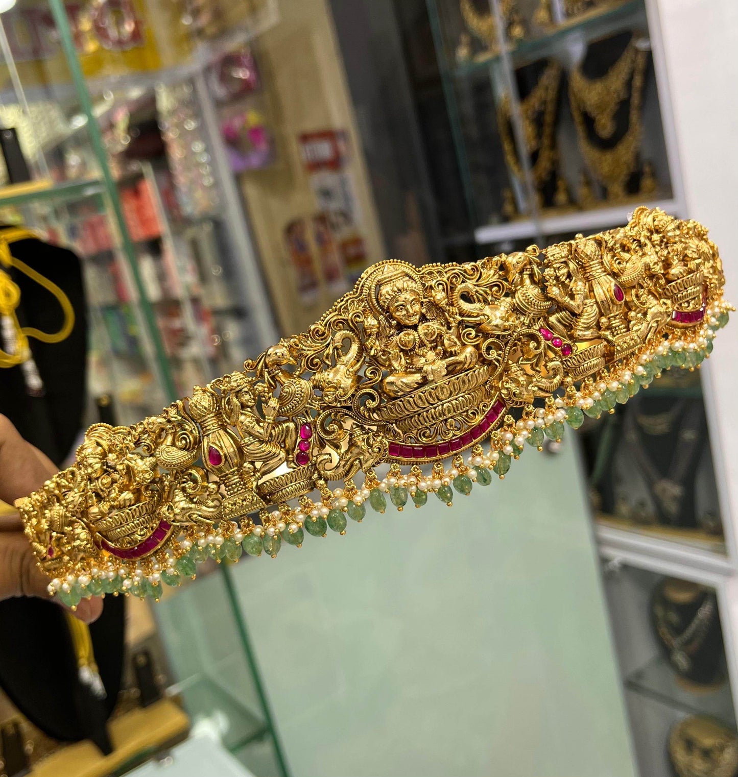 Nagasi Work with Kempu Stones Bridal Hip Belt - Nakshatra Jewels