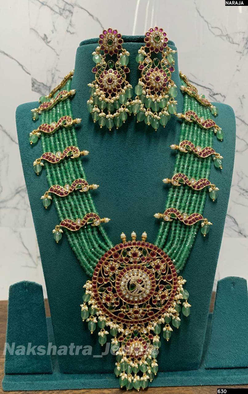 Jadau Kundan Stones Bridal Pendent with Bridal Beads Haram - Nakshatra Jewels