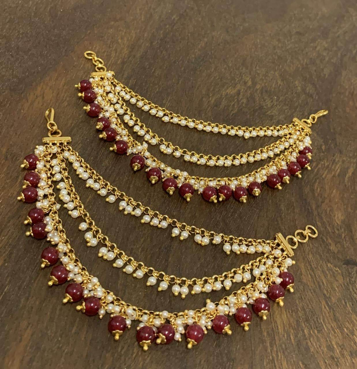 Premium Matt with Ruby beads & Pearl Hanging Ear Chains - Nakshatra Jewels