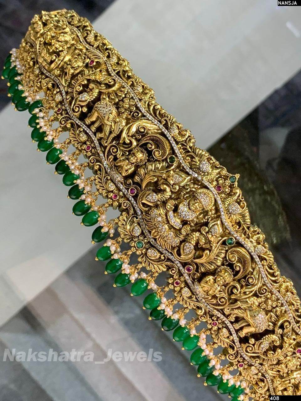 Nakshi Work with Kempu & AD Stones Bridal Hip Belt - Nakshatra Jewels