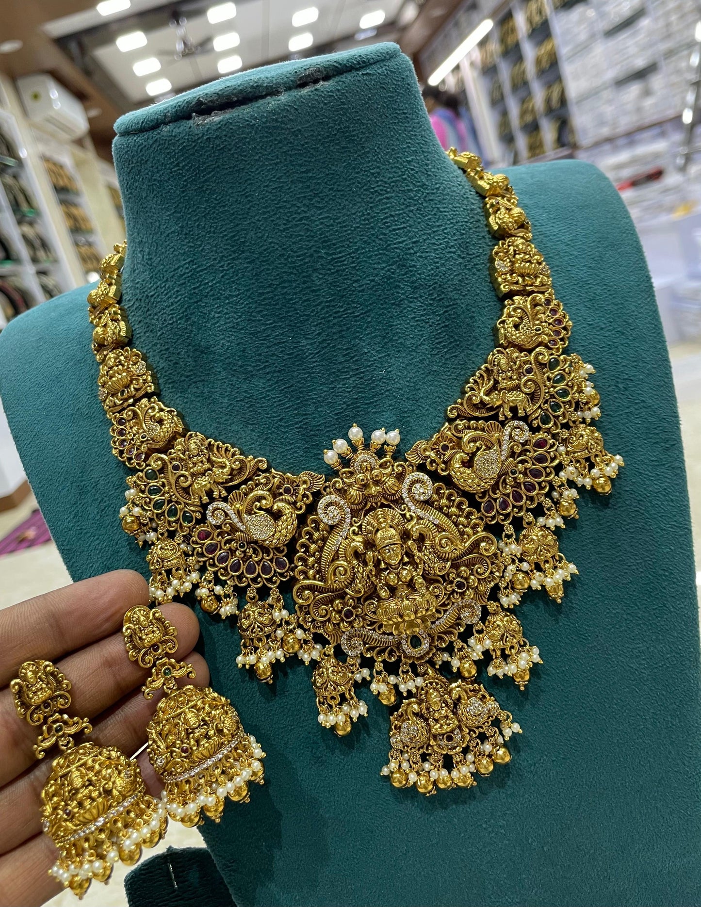 Nakshi Work with Kempu and AD Stones Bridal Necklace