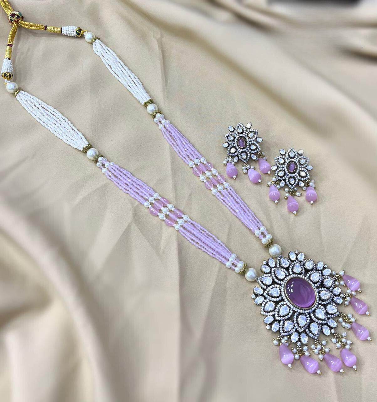 Victorian Polish AD Stones Pendent with Beads Haram - Nakshatra Jewels