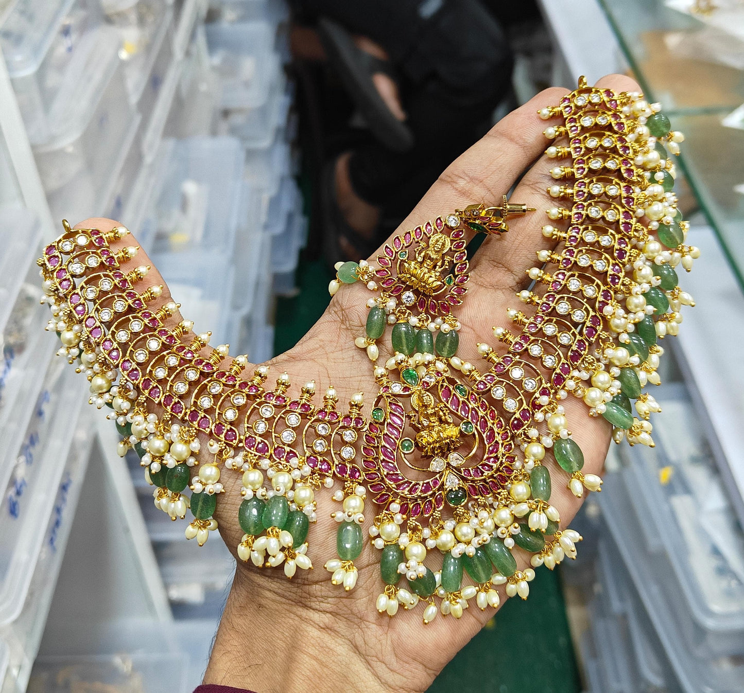 Nakshi work with Kempu Stones Bridal Necklace