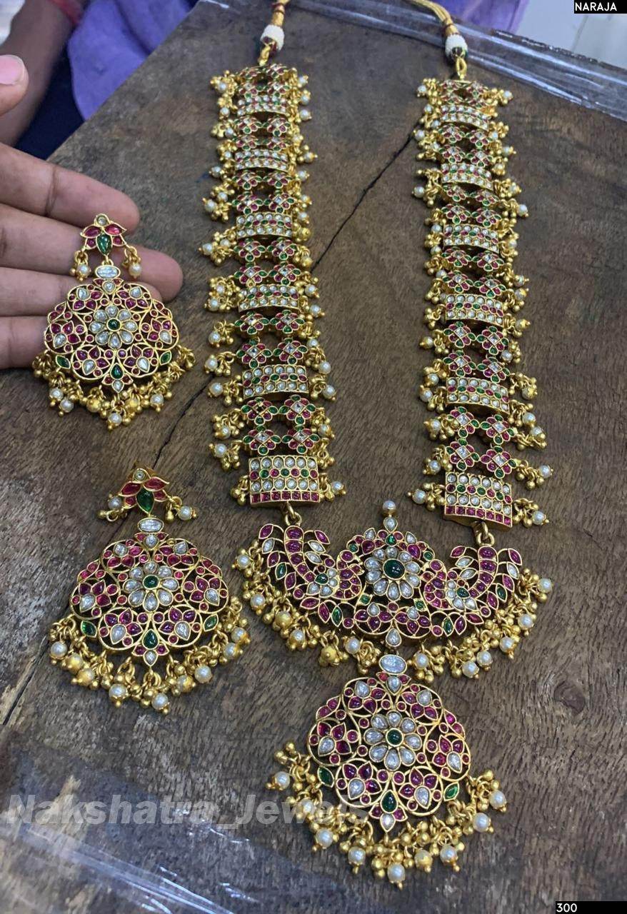 Nagasi Work with Kempu Stones Bridal Haram - Nakshatra Jewels