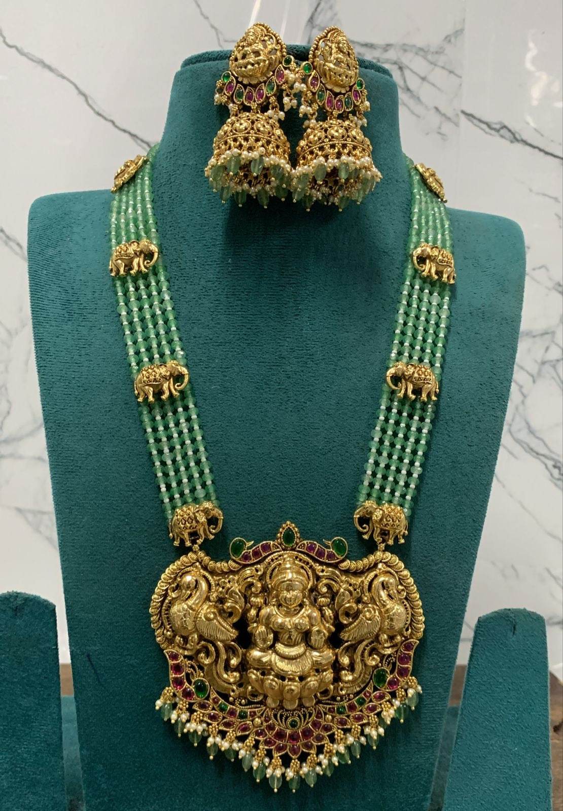 Nagasi Work with Kempu Stones Pendent and Beads Haram - Nakshatra Jewels