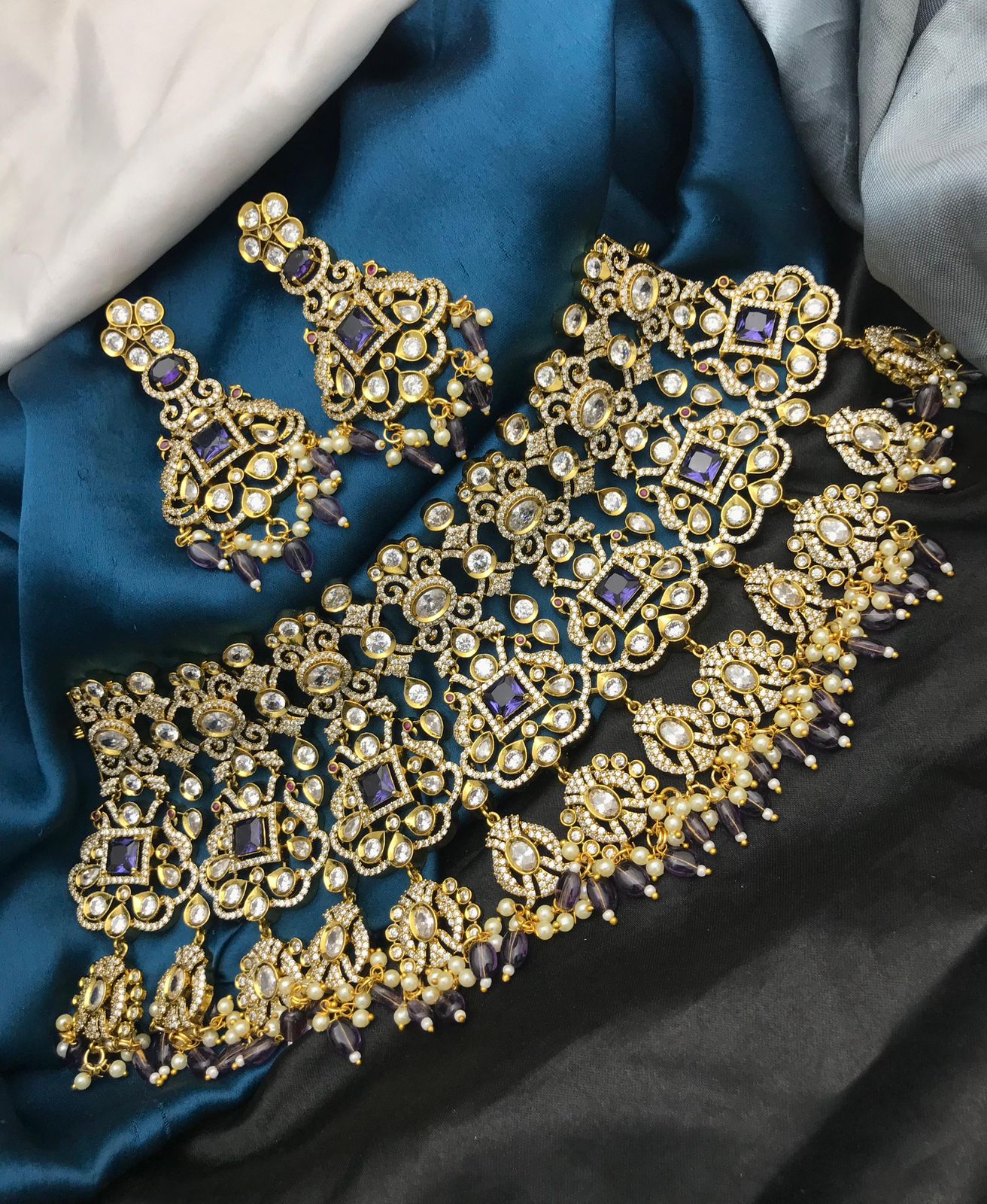 Victorian Polish AD & Moissanite Stones Bridal Neck Set