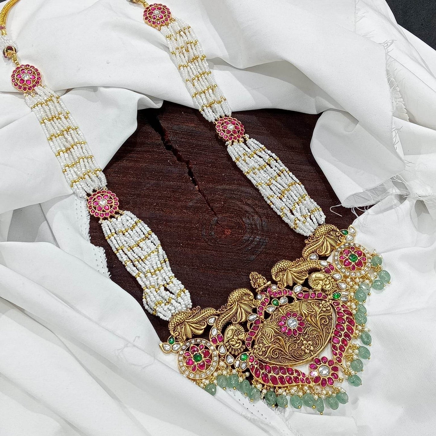 Nakshi work with Jadau Kundan Stones Bridal Pendent Pearl Haram - Nakshatra Jewels