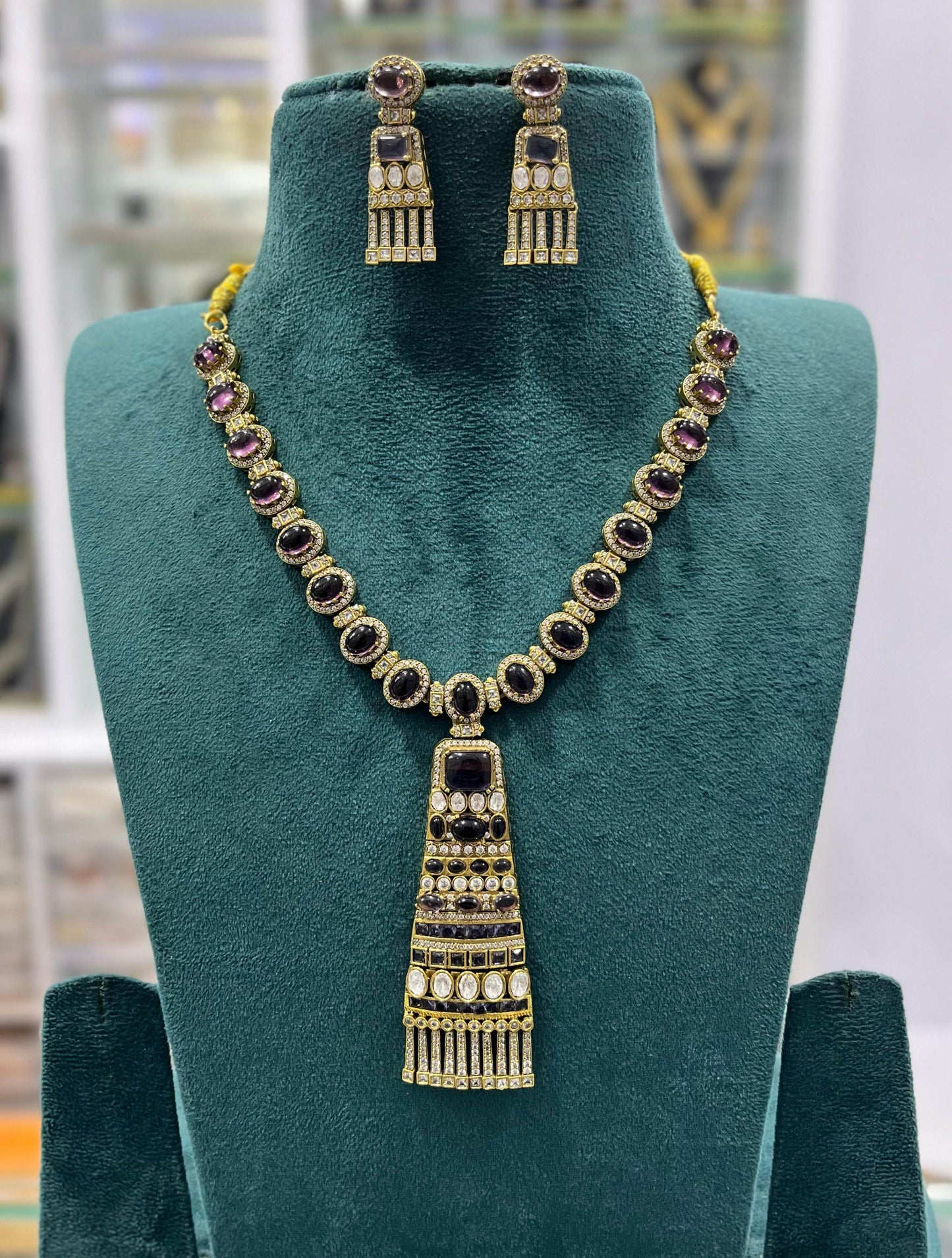 Victorian Polish with AD & Mossianite Stones Bridal Necklace - Nakshatra Jewels