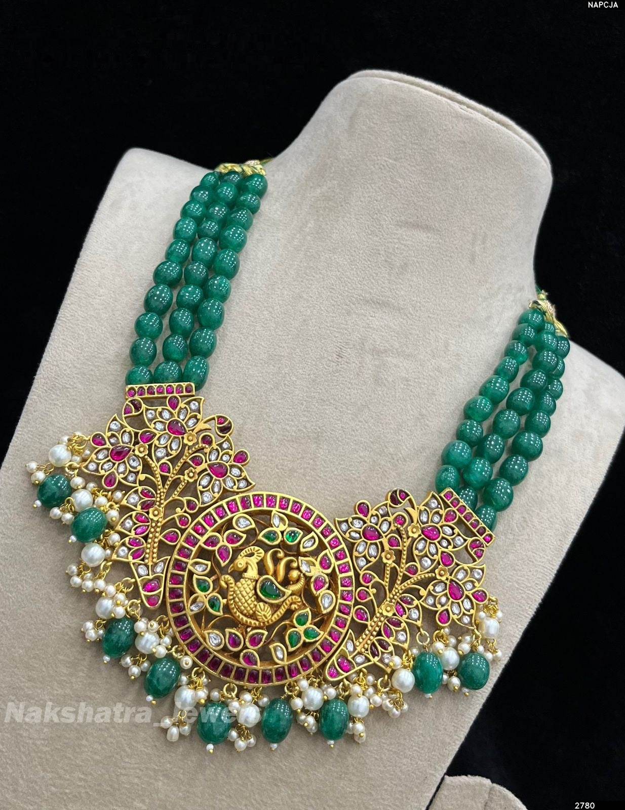 Jadau Kundan Stones Pendent with Beads Necklace - Nakshatra Jewels