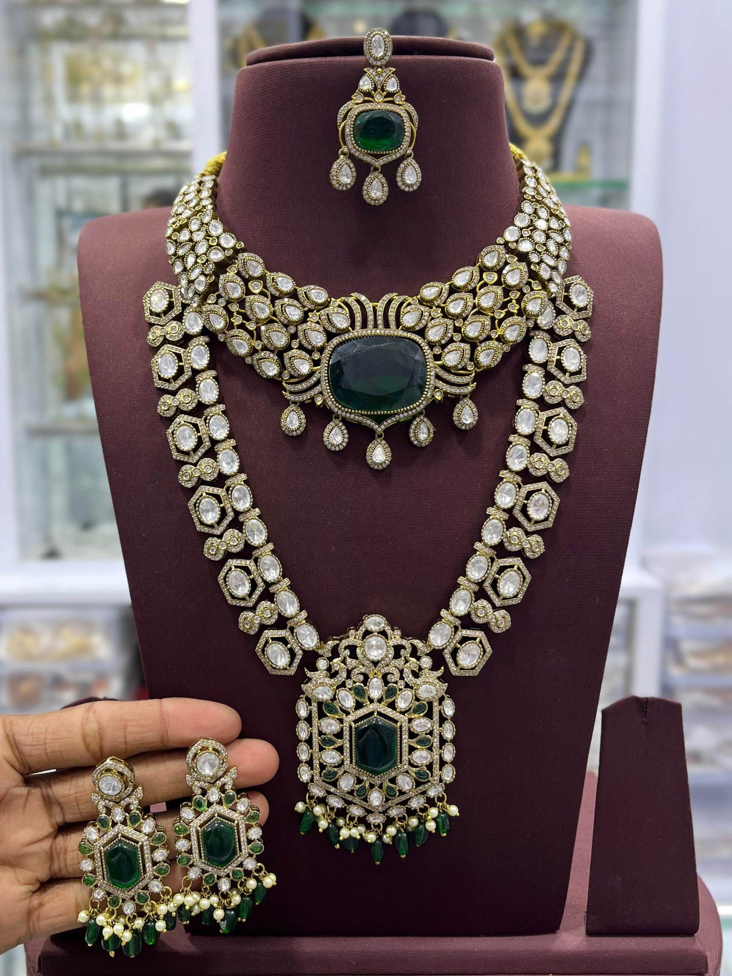 Victorian Polish with Moissanite Stones Bridal Combo - Nakshatra Jewels