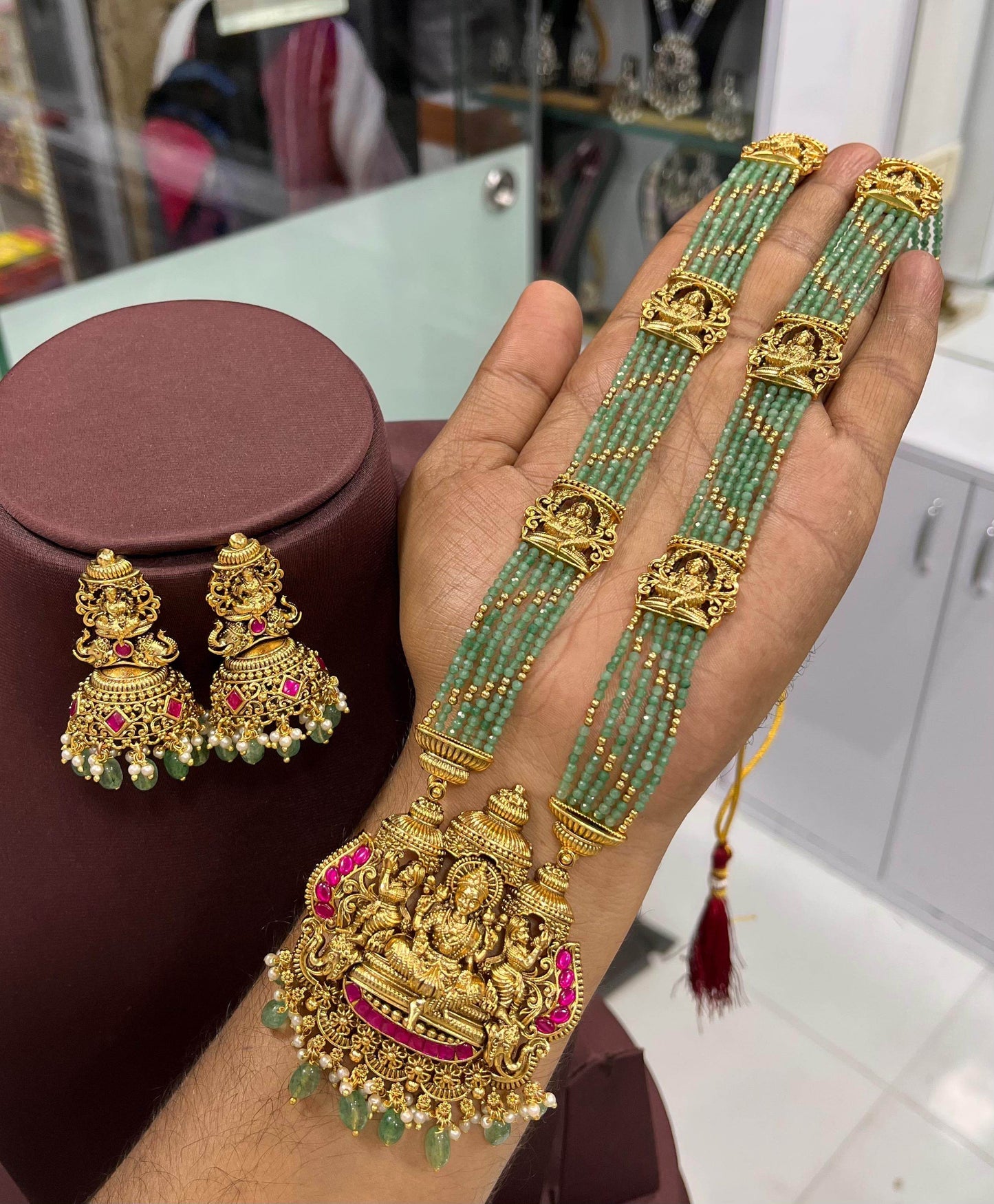 Nakshi work with Jaadu Kundan Stones Pendent with Beads Haram - Nakshatra Jewels