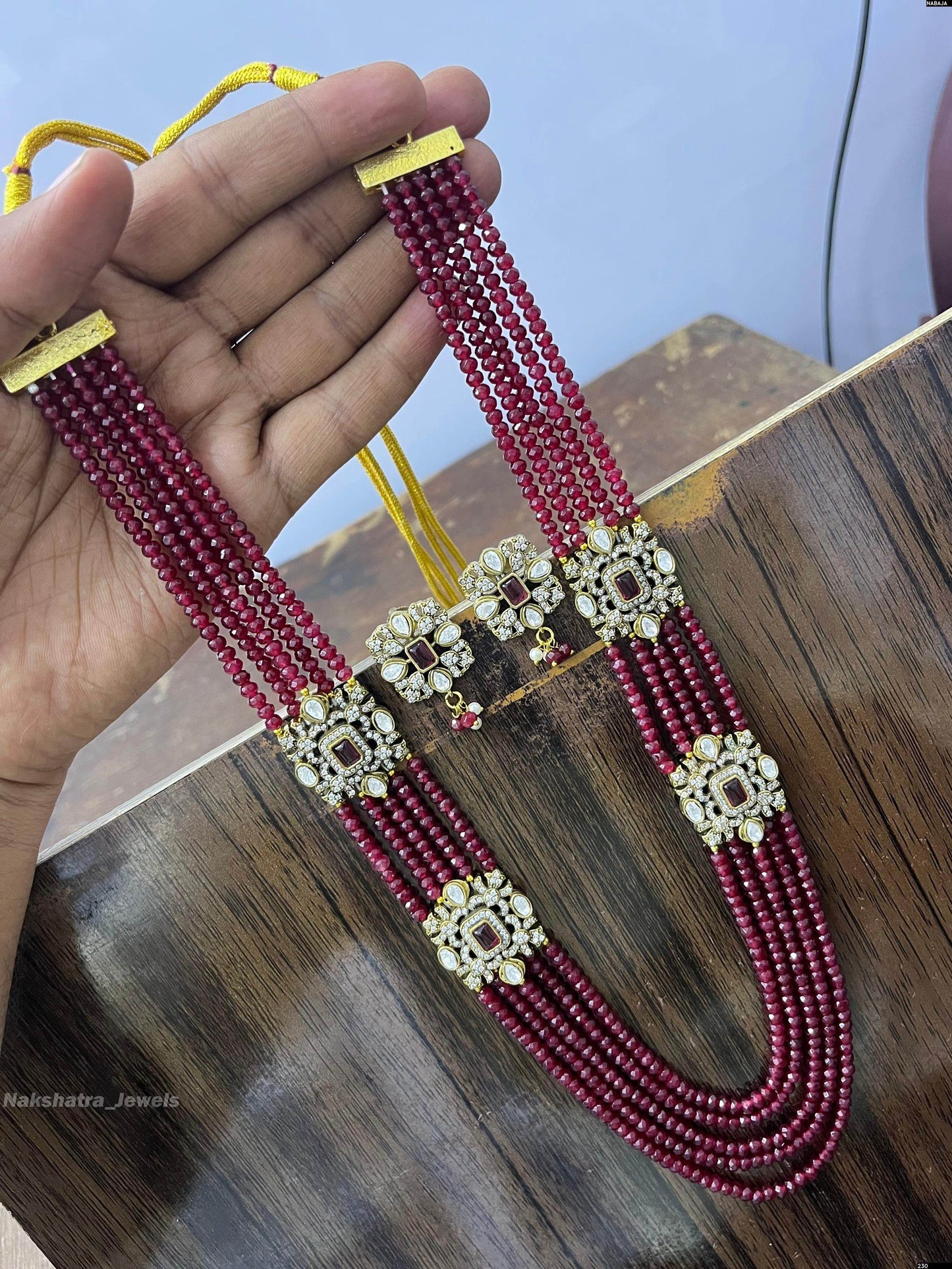 Victorian Polish AD Stones Side Pendent with Beads Haram - Nakshatra Jewels