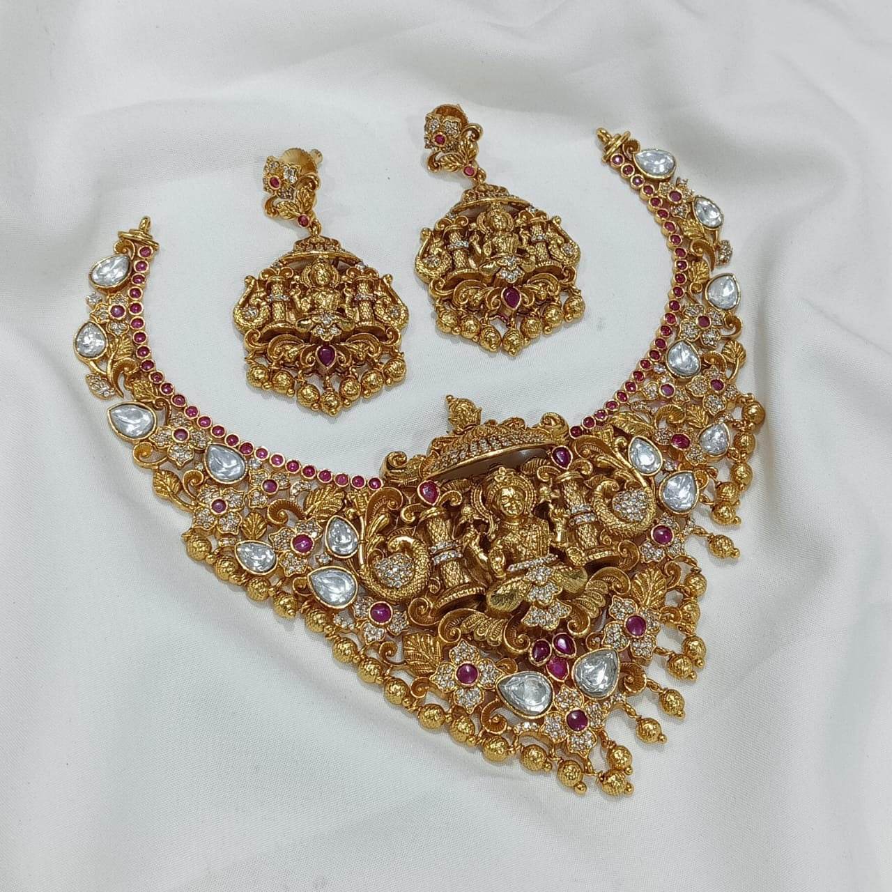 Nakshi Work with AD & Moissanite Stones Bridal Necklace - Nakshatra Jewels