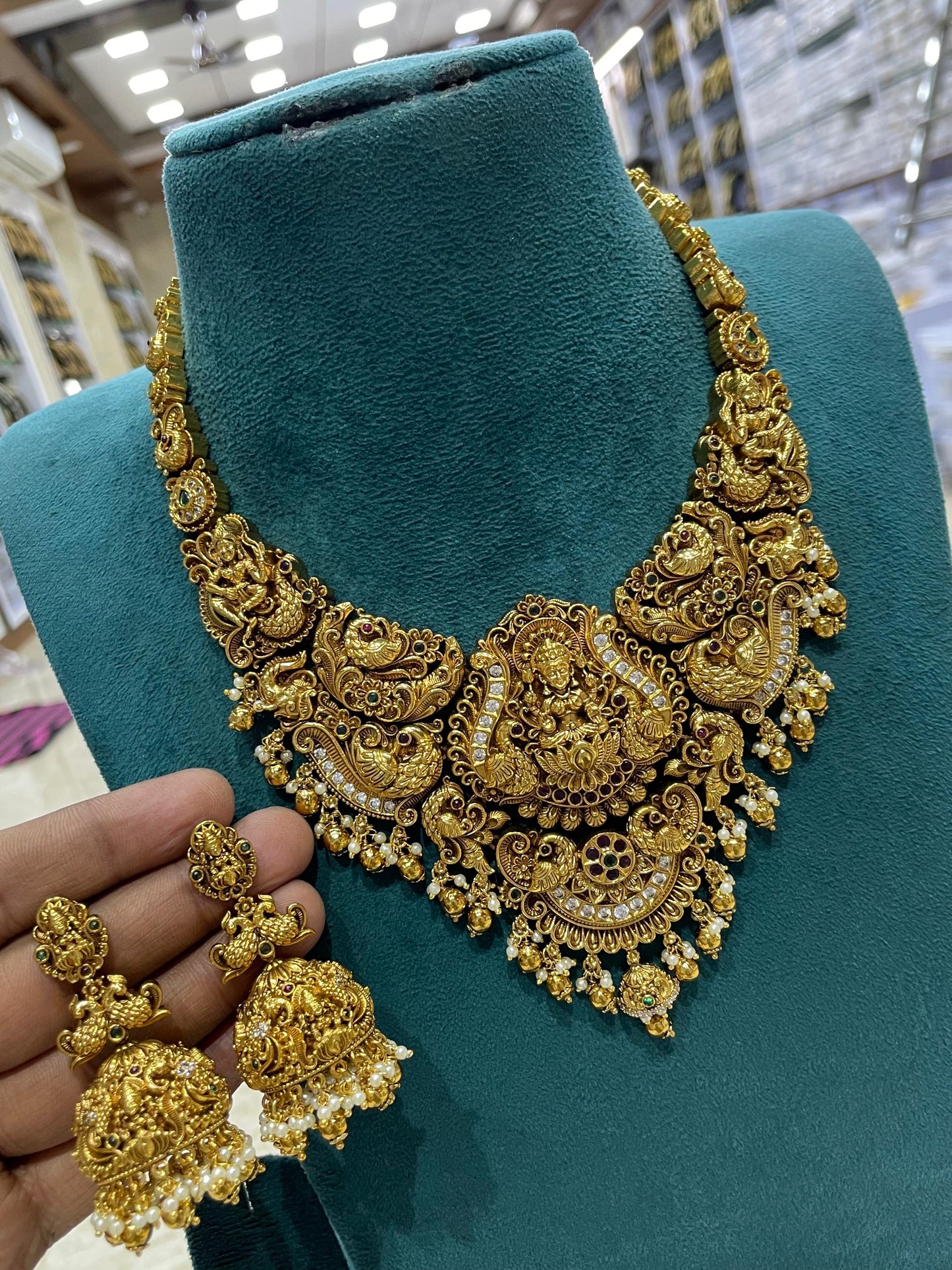 Nakshi Work with Kempu and AD Stones Bridal Necklace