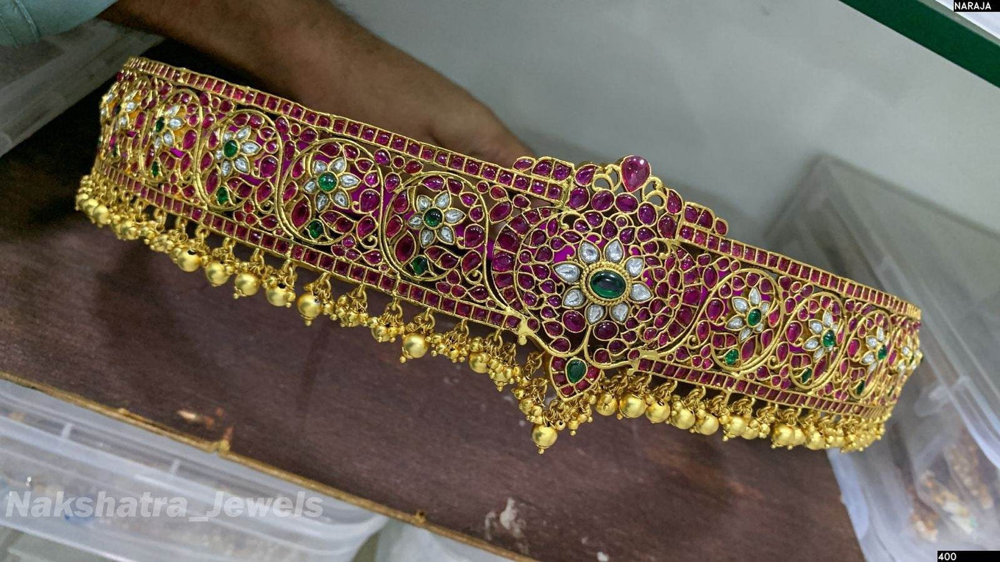 Nagasi Work with Kempu & Kundan Stones Bridal Hip Belt - Nakshatra Jewels