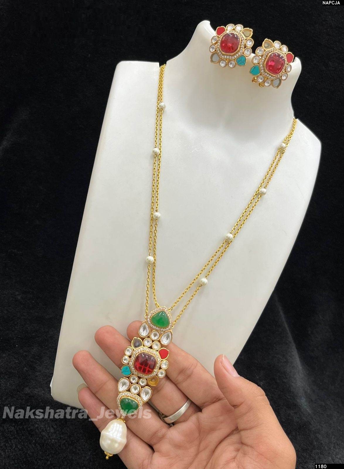 Jadau Kundan Stones Pendent with Gold Plated Haram - Nakshatra Jewels
