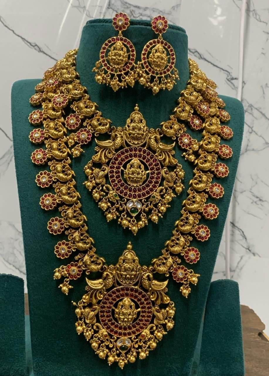 Nagasi Work with Kempu Stones Bridal Combo Set - Nakshatra Jewels