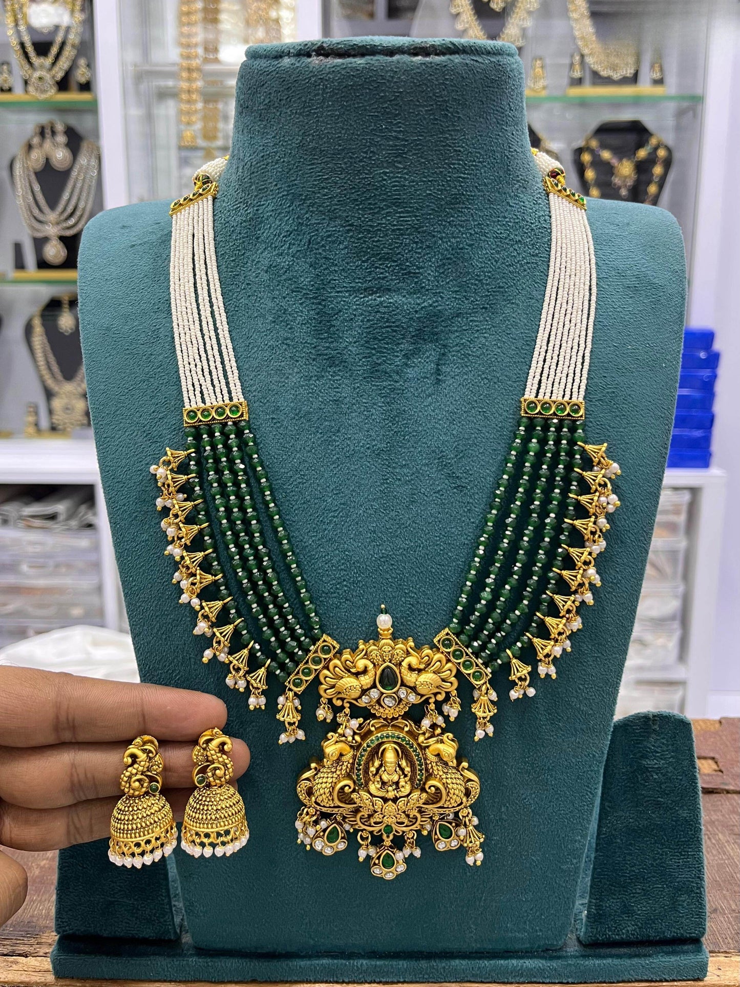 Nagasi work with Kempu Stones Pendent Beads Haram - Nakshatra Jewels