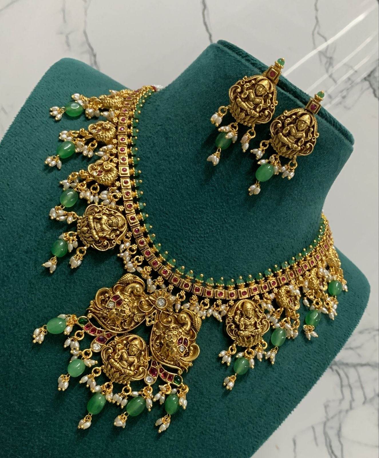 Nakshi Work with Kempu Stones Bridal Necklace - Nakshatra Jewels