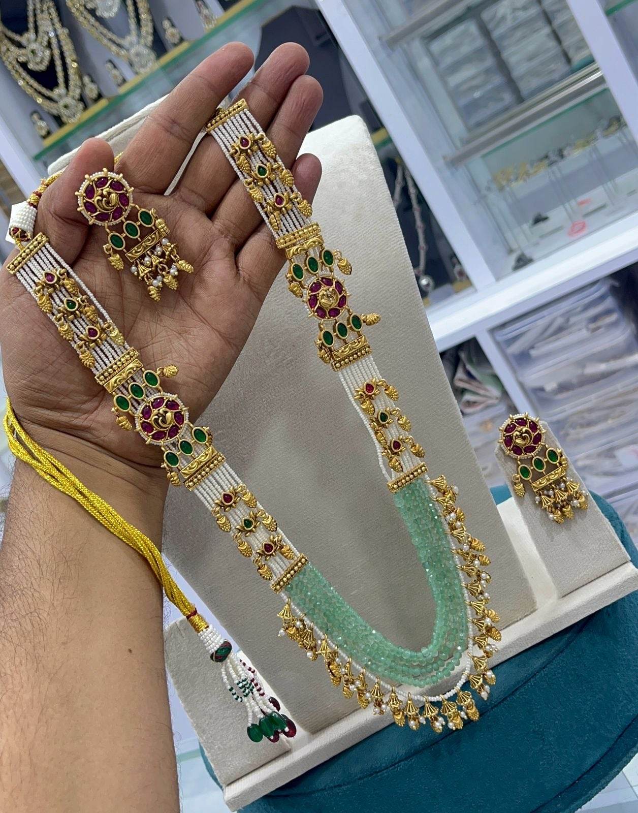 Nagasi work with Kempu Stones Beads Haram - Nakshatra Jewels
