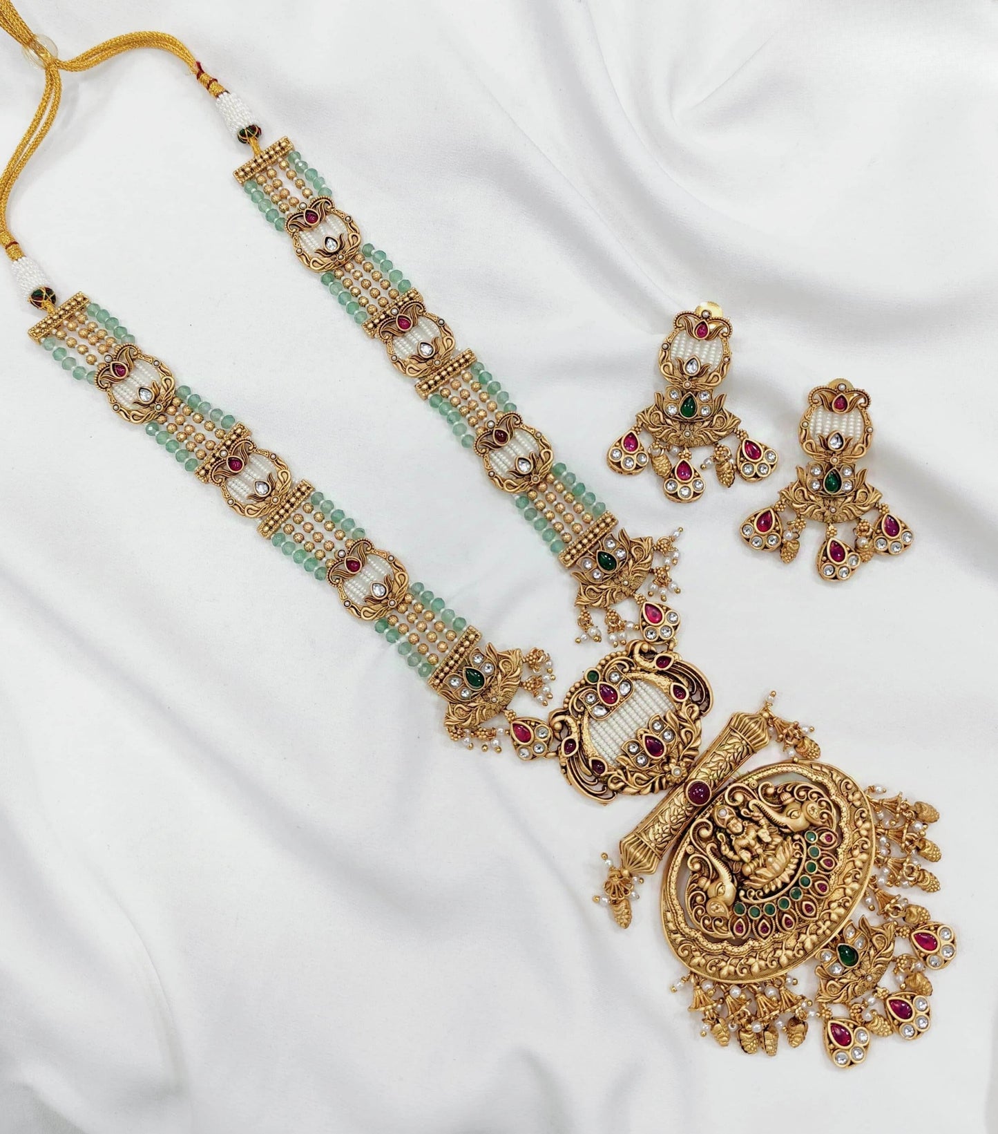 Nagasi work with Kempu Stones Pendent Beads Haram - Nakshatra Jewels
