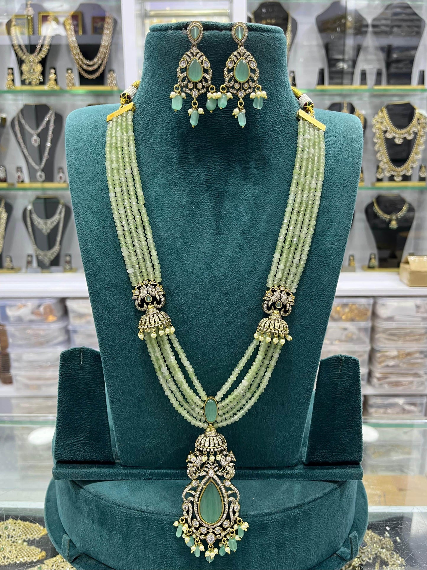 Victorian Polish AD Stones Pendent with Beads Haram - Nakshatra Jewels