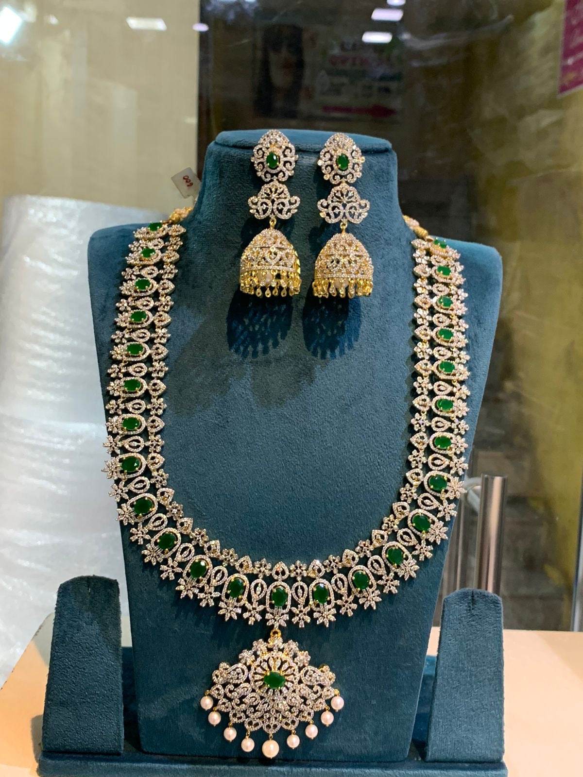 American Diamond Stones Bridal Haram- Green - Nakshatra Jewels